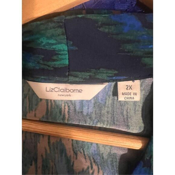 Liz Claiborne Size 2X Long Sleeve Faux Wrap Sheath Dress Blue Peacock Ikat Print - Picture 11 of 15